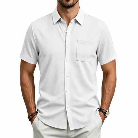 Heren Casual Wafel Korte Mouw Hemd Contrast Kraag Revers Enkelknoops Zomer Basic Top