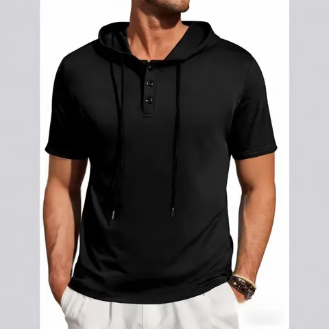 Camiseta con Capucha de Manga Corta Casual para Hombre Estilo Americano Henley Jersey Ligero Color Sólido Verano Poliéster Top