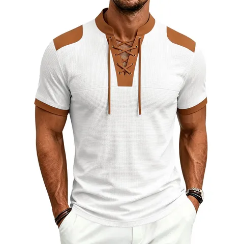 Men's Casual Waffle Knit T-Shirt Color Block Drawstring V-Neck Short Sleeve Top Medieval Viking Style Loose Breathable Summer Tee