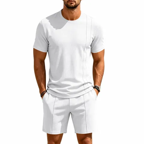 Men's Summer Waffle Knit Short Sleeve T-Shirt And Shorts Set Loose Casual Round Neck Top And Bottom Two Piece Sportswear Outfit