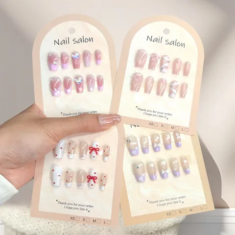 Handgemaakte Press On Nagels Lange Doodskist Kattenoog Valse Nagels Met Strass 3D Strik Frans Ontwerp Herbruikbare Nagelkunst Set Voor Dames