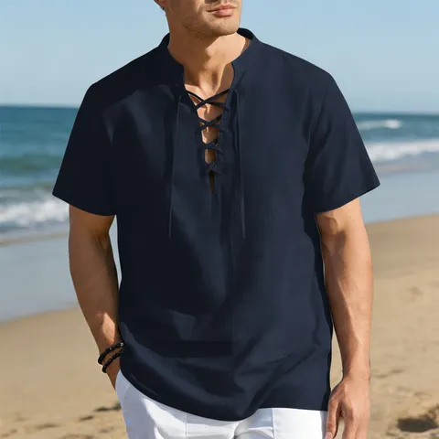 Men's Vintage Casual Linen Blend Shirt Short Sleeve Henley Neck Drawstring Lace Up Loose Fit Summer Beach Holiday Top