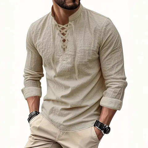 Men's Casual Long Sleeve Stand Collar Drawstring Shirt Solid Color Loose Fit Cardigan Top