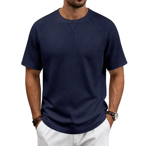 Men's Waffle Knit Short Sleeve T-Shirt Solid Color Casual Crew Neck Loose Fit Breathable Quick Dry Top For Men Commuting Fashion Daily Wear