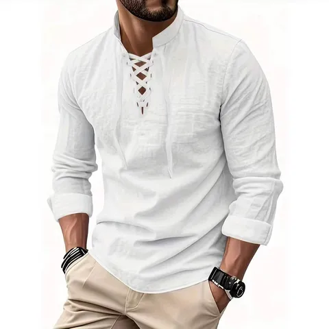 Men's Casual Long Sleeve Stand Collar Drawstring Shirt Solid Color Loose Fit Cardigan Top
