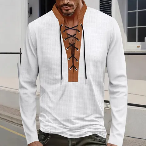 Men's Casual Waffle Knit Pullover Long Sleeve Mock Neck Color Block Shirt Loose Fit Daily Fashion Top