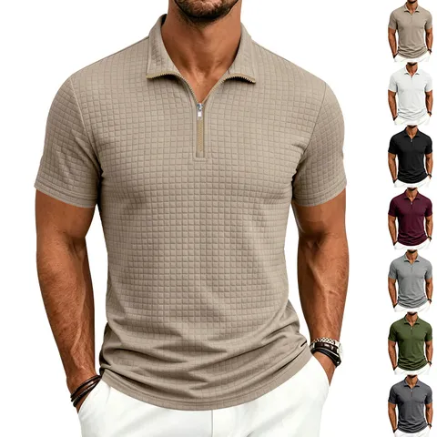 Men's Heavyweight Vintage Jacquard Plaid Polo Shirt Short Sleeve Stand Collar With Zipper Summer Casual Loose Polo Top For Men
