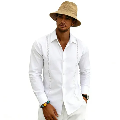 Men Casual Henley Shirt Long Sleeve Stand Collar Button Up Beach Shirt Solid Color Polyester Linen Blend Top Male Apparel