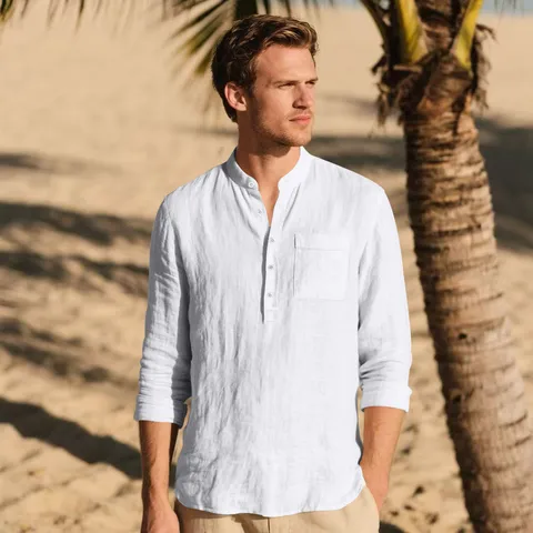 Men Casual Linen Shirt Long Sleeve Henley Round Neck Loose Beach Top Breathable Linen Blend Solid Color Shirt For Men