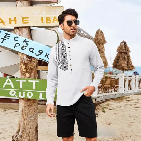 Men Casual Shirt Stand Collar Long Sleeve Printed Slub Fabric Loose Fit Top For Daily Vacation Solid Color Multi Button Henley Shirt