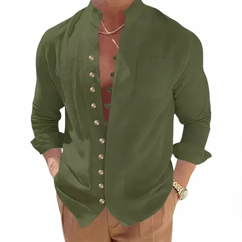 Men's Casual Polyester Linen Look Stand Collar Long Sleeve Shirt Solid Color Breathable Summer Beach Vacation Button Top