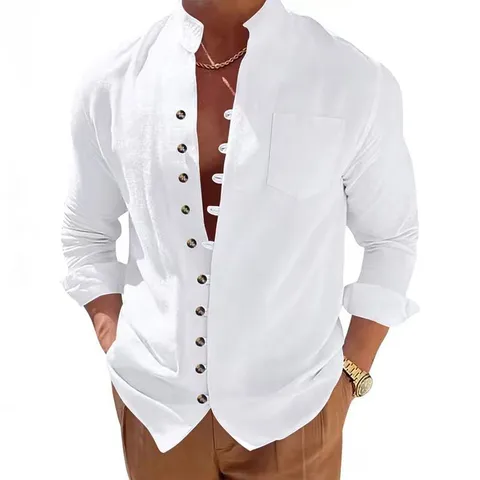 Men's Casual Polyester Linen Look Stand Collar Long Sleeve Shirt Solid Color Breathable Summer Beach Vacation Button Top