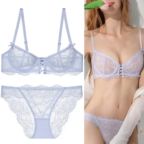 Damen Sexy Französisch Ultra Dünner Spitzen BH und Höschen Set Bügelfrei Tiefer V Unterwäsche Lingerie Set