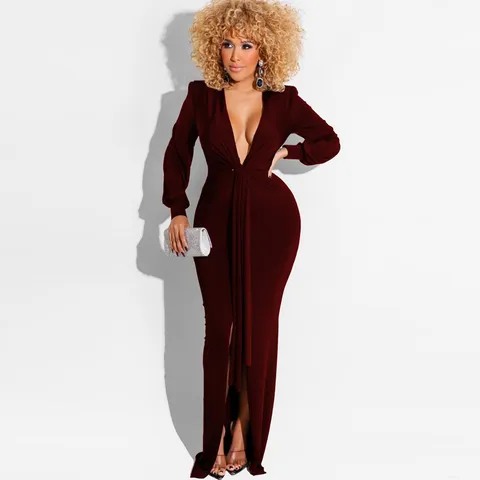 Women's Sexy Deep V-Neck Long Sleeve Split Bodycon Maxi Dress Fashion Night Club Party Dress