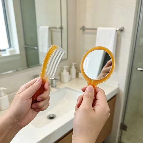 Portable Makeup Mirror And Comb Set Vintage Tortoiseshell Plastic Travel Hair Brush And Small Round Mirror Beauty Tool