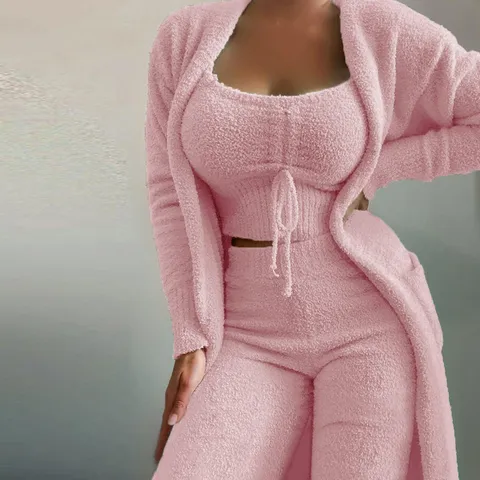 Γυναικείο Βελούδινο Σετ 3 Τεμαχίων Casual Fleece Ζακέτα Φανελάκι Και Μακρύ Παντελόνι Μονόχρωμο Σετ Loungewear Για Φθινόπωρο Χειμώνα
