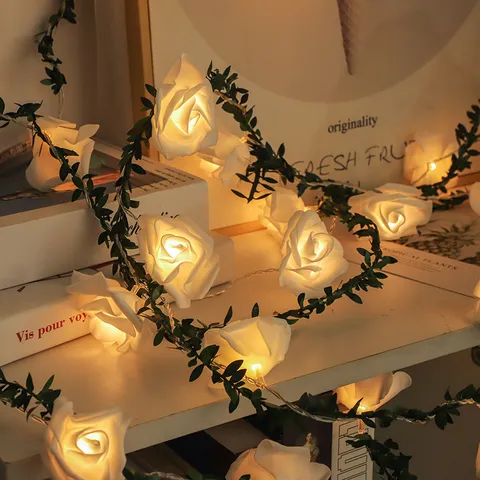 Catena Luminosa LED Fiori di Rosa Ghirlanda di Foglie Verdi Artificiali Luci Fatate Bianco Caldo per Camera da Letto Matrimonio Festa