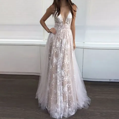 Damen Sexy Tiefer V-Ausschnitt Rückenfrei Spitze Abendkleid Elegantes Ärmelloses Meerjungfrau Langes Maxi Party Hochzeitskleid