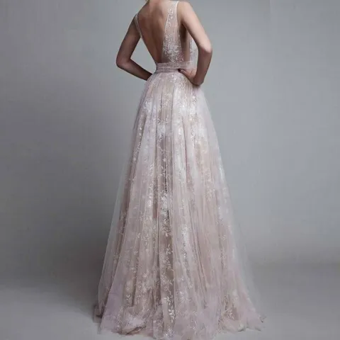 Damen Sexy Tiefer V-Ausschnitt Rückenfrei Spitze Abendkleid Elegantes Ärmelloses Meerjungfrau Langes Maxi Party Hochzeitskleid