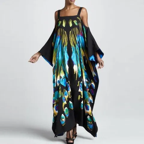 Donna Casual Poliestere Lungo Abito da Spiaggia Maxi Halter Senza Maniche Stampato Boho Vacanza Vestito Cover Up