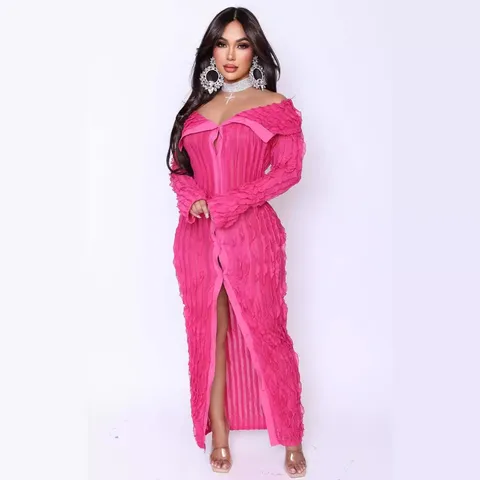Women Sexy Off-shoulder Long Sleeve Midi Dress Single-breasted Wave Texture Front Slit Bodycon Polyester Party Dress