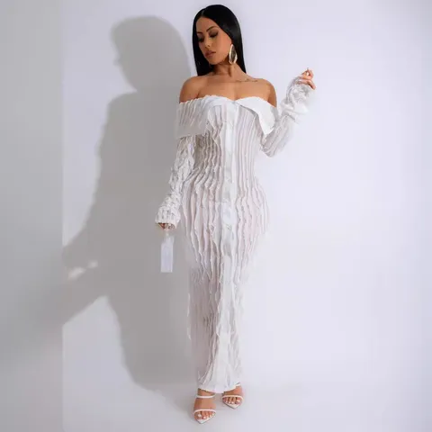 Women Sexy Off-shoulder Long Sleeve Midi Dress Single-breasted Wave Texture Front Slit Bodycon Polyester Party Dress