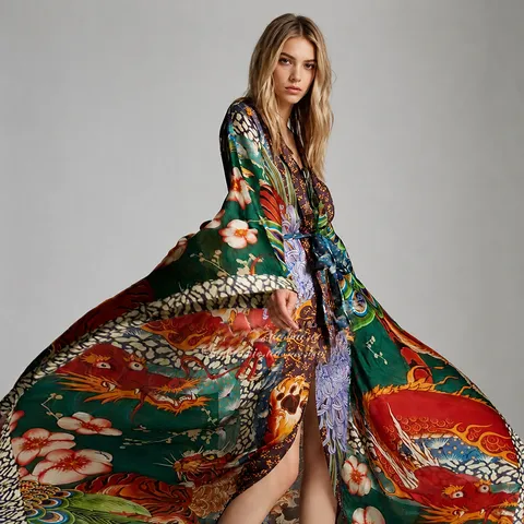 Women's Floral Print Beach Cover-Up Kimono Cardigan Vacation Robe Long Sleeve Loose Fit Sash Sun Protection Robe