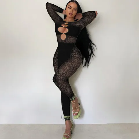 Women Sexy Leopard Print See-through Jumpsuit Off Shoulder Pearl Button Long Sleeve Slim Fit Romper Clubwear Bodycon One Piece Outfit