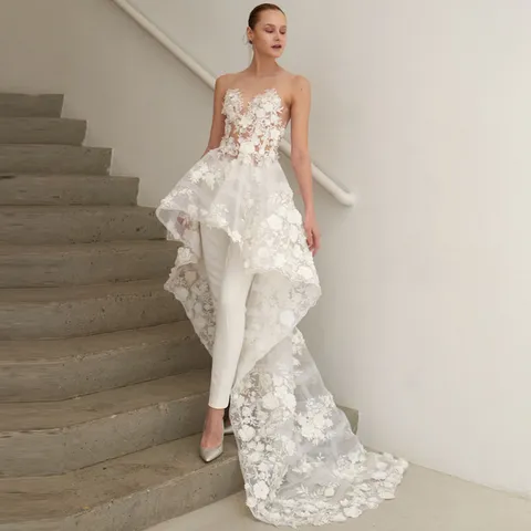Elegant Women Sleeveless Lace See-Through Jumpsuit With Floral Embroidery Tulle Train Western Sexy White Wedding Party Romper