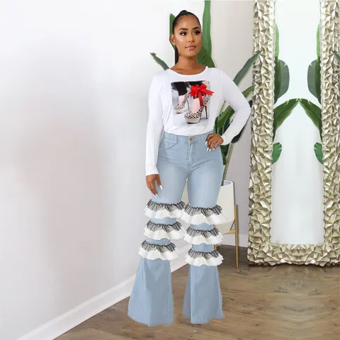 Women High Waisted Flare Jeans Patchwork Mesh Ruffle Denim Pants Casual Slim Fit Micro Elastic Fashion Long Trousers