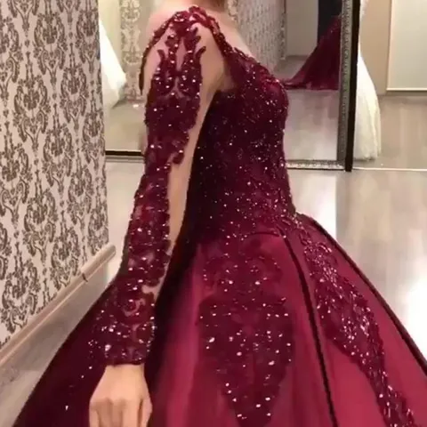 Women Deep V-Neck Long Sleeve Wedding Dress Luxury Sequin Lace Embroidered Burgundy Satin Ball Gown Evening Party Bridal Gown