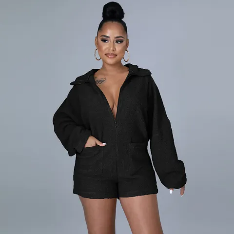 Women's Casual Plush Batwing Sleeve Hooded Fleece Romper Solid Color Warm Short Jumpsuit Winter Home Wear