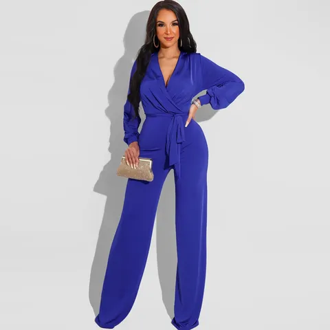 Women's V Neck Lace Up Long Sleeve Solid Color Casual Jumpsuit Autumn Winter Elegant Wide Leg Long Pants Romper