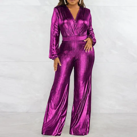Mono Sexy de Manga Larga con Cuello en V para Mujer Pata Ancha Brillo Metálico Ajustado Estilo de Discoteca Pantalones de Una Sola Pieza Invierno