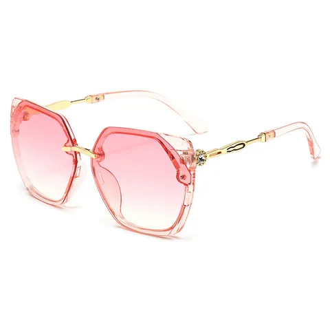 Women Fashion Polygon Rimless Sunglasses Gradient Lens Rhinestone Inlaid Metal Temple UV400 Cat Eye Sun Glasses Eyewear