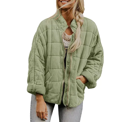 Veste Matelassée Décontractée pour Femme Couleur Unie Col Montant Ample Fermeture Éclair Manches Longues Manteau Rembourré de Coton avec Poches Vêtements d'Extérieur Automne Hiver
