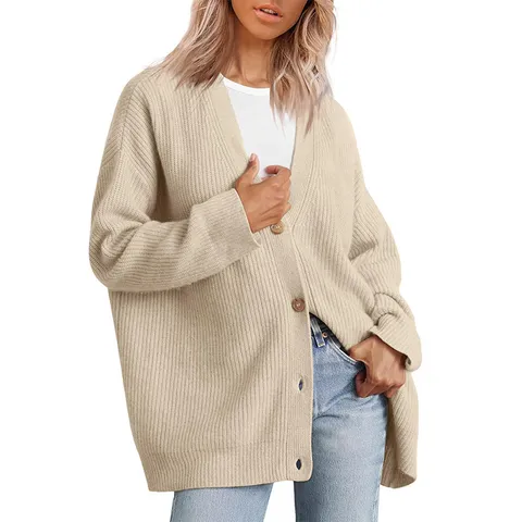 Cárdigan de Punto Con Cuello en V Para Mujer Casual Holgado Suéter de Manga Larga Color Sólido a Rayas Otoño Invierno