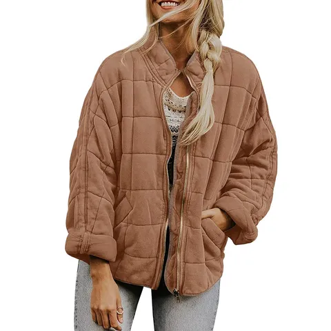 Veste Matelassée Décontractée pour Femme Couleur Unie Col Montant Ample Fermeture Éclair Manches Longues Manteau Rembourré de Coton avec Poches Vêtements d'Extérieur Automne Hiver