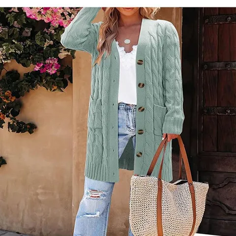 Women Long Cable Knit Cardigan Acrylic Single Breasted Sweater Coat With Pockets Casual V Neck Open Front Knitted Outwear For Fall Winter Office