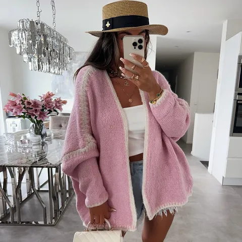 Women Casual Polyester Knit Cardigan Sweater Loose Oversized V-Neck Long Sleeve Chunky Outerwear Solid Color Autumn Winter Top