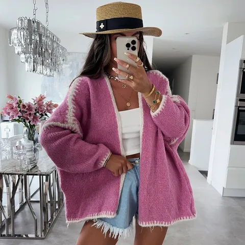Women Casual Polyester Knit Cardigan Sweater Loose Oversized V-Neck Long Sleeve Chunky Outerwear Solid Color Autumn Winter Top