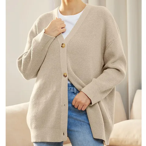 Cárdigan de Punto Con Cuello en V Para Mujer Casual Holgado Suéter de Manga Larga Color Sólido a Rayas Otoño Invierno