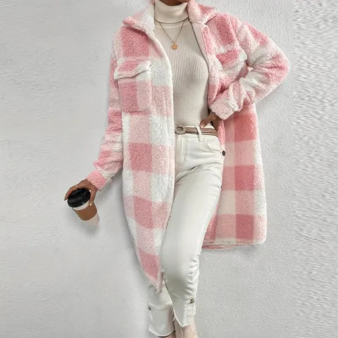 Women's Plaid Fleece Coat Long Sleeve Lapel Single Breasted Loose Casual Long Jacket Teddy Outerwear Autumn Winter Fashion Checkered Coat