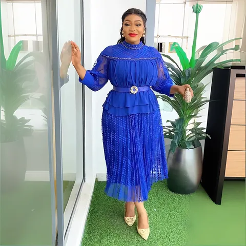 Women's Elegant Plus Size Mesh Patchwork Artificial Pearl Chiffon Midi Dress African Style Pleated Party Evening Dress With Belt