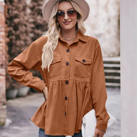 Camicia in Velluto a Coste da Donna con Bottoni Orlo con Volant Peplum Manica Lunga Casual Top Camicetta Tinta Unita Tasca Moda Autunno