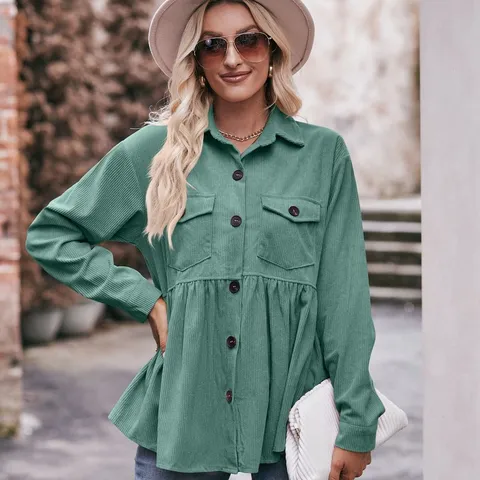 Camicia in Velluto a Coste da Donna con Bottoni Orlo con Volant Peplum Manica Lunga Casual Top Camicetta Tinta Unita Tasca Moda Autunno