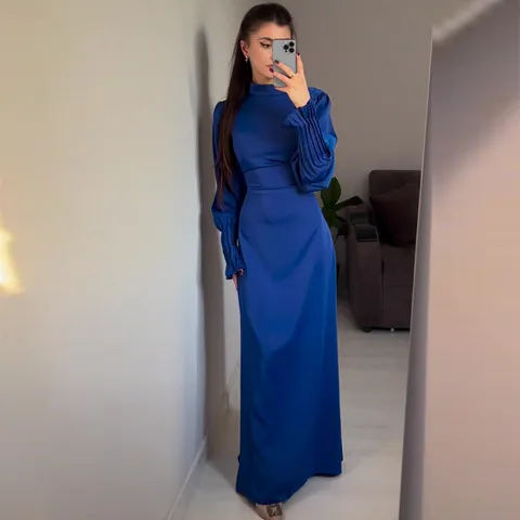 Vintage Palace Style Pleated Maxi Dress For Women Elegant Tie-Up Waist Lantern Sleeve Solid Polyester Long A-Line Party Dress
