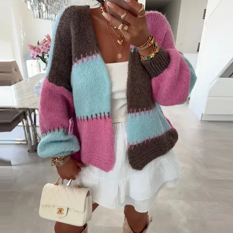 Damen Farbblock Strickjacke V-Ausschnitt Lockere Strickpullover Patchwork Langarm Offene Front Oberbekleidung Casual Mode Strickwaren Für Herbst Winter