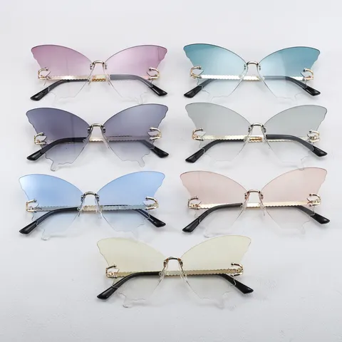 Rimless Butterfly Sunglasses For Women Trendy Gradient Metal Chain Temples Oversized Insect Shaped Sunglasses Festival Party Eyewear Unique Shades