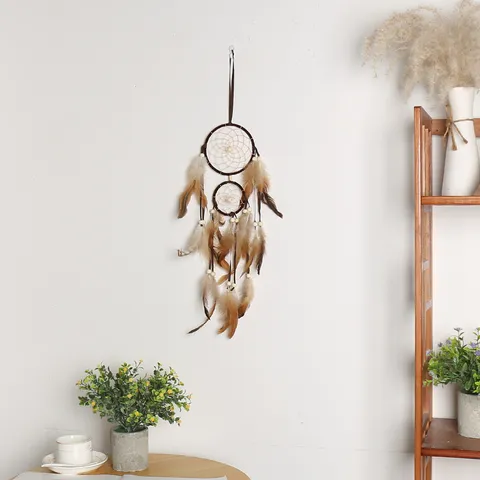 Style Indien Double Anneau Plume Attrape-Rêves Suspension Murale Décoration Chambre Maison Boho